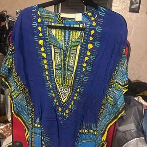 Blue Dashiki Shirt with Yellow & Green Print